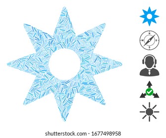 Line Mosaic based on navigator star icon. Mosaic vector navigator star is formed with randomized line spots. Bonus icons are added.