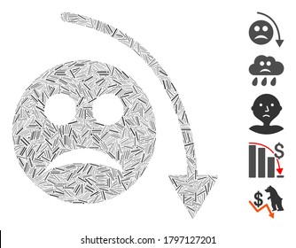 Line Mosaic based on negative smiley trend icon. Mosaic vector negative smiley trend is designed with random line dots. Bonus icons are added.