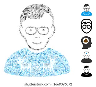 Line Mosaic based on nerd guy icon. Mosaic vector nerd guy is created with scattered hatch items. Bonus icons are added.