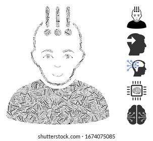 Line Mosaic based on neural interface icon. Mosaic vector neural interface is designed with random line items. Bonus icons are added.