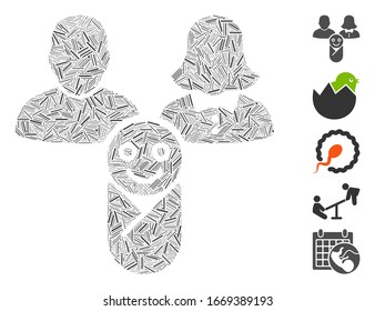 Line Mosaic based on newborn icon. Mosaic vector newborn is designed with scattered line dots. Bonus icons are added.