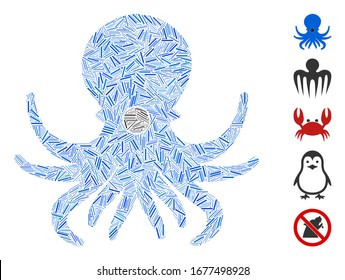 Line Mosaic based on octopus icon. Mosaic vector octopus is composed with random line items. Bonus icons are added.