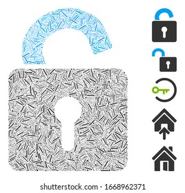 Line Mosaic based on open lock icon. Mosaic vector open lock is formed with random line spots. Bonus icons are added.