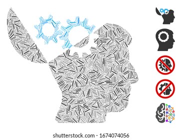 Line Mosaic based on open mind gears icon. Mosaic vector open mind gears is created with randomized line items. Bonus icons are added.