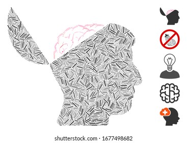 Line Mosaic based on open mind icon. Mosaic vector open mind is designed with randomized line items. Bonus icons are added.