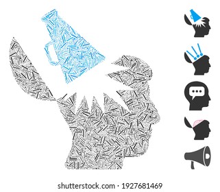 Line Mosaic based on open brain megaphone icon. Mosaic vector open brain megaphone is formed with random line dots. Bonus icons are added.