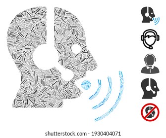 Line Mosaic based on operator talking sound waves icon. Mosaic vector operator talking sound waves is created with random line dots. Bonus icons are added.