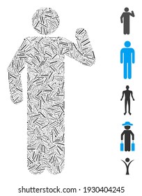 Mosaico de línea basado en el icono de pose de opinión. La pose de opinión de vector mosaico se crea con elementos de línea aleatoria. Se agregan iconos de bonificación.