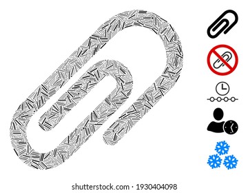 Mosaico de línea basado en el icono del clip. El paperclip vectorial mosaico se forma con puntos de línea dispersos. Se agregan iconos de bonificación.