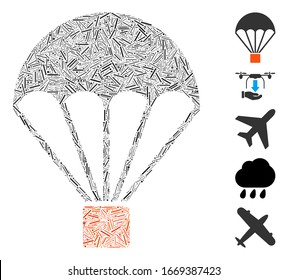 Line Mosaic based on parachute icon. Mosaic vector parachute is created with scattered line items. Bonus icons are added.