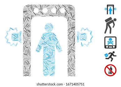 Line Mosaic auf der Grundlage der Passagierkontrolle Symbol. Die Mosaik-Vektorillustration-Passagier-Screening besteht aus Streckenpunkten. Bonussymbole werden hinzugefügt.