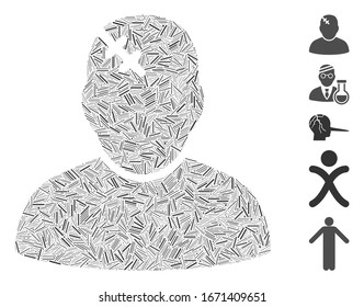 Line Mosaic based on patient icon. Mosaic vector patient is designed with random line items. Bonus icons are added.