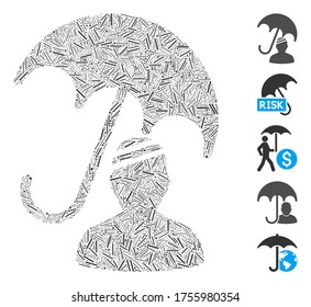 Line Mosaic based on patient umbrella protection icon. Mosaic vector patient umbrella protection is formed with random line spots. Bonus icons are added.