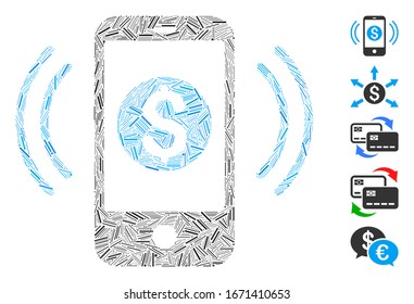Line Mosaic based on payment phone ring icon. Mosaic vector payment phone ring is composed with random line items. Bonus icons are added.
