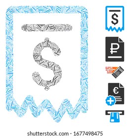 Line Mosaic based on payment receipt icon. Mosaic vector payment receipt is composed with scattered line dots. Bonus icons are added.