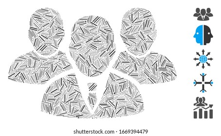 Line Mosaic based on people group icon. Mosaic vector people group is created with randomized line dots. Bonus icons are added.