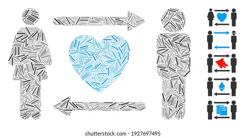 Mosaico de línea basado en personas intercambian icono cardíaco. Los vectores mosaicos que intercambian el corazón se componen de puntos de línea dispersos. Se agregan iconos de bonificación.