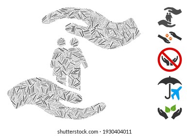 Line Mosaic based on people care hands icon. Mosaic vector people care hands is composed with randomized line spots. Bonus icons are added.