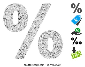 Line Mosaic basierend auf dem Prozentsymbol. Mosaik Vektorillustration Prozent wird mit randomisierten Zeilenelementen erstellt. Bonussymbole werden hinzugefügt.