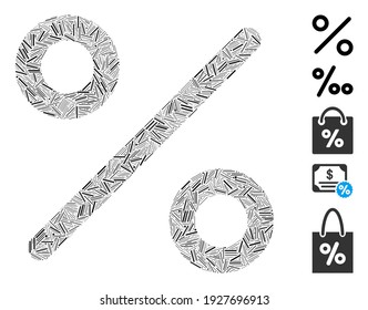 Line Mosaic based on percent icon. Mosaic vector percent is formed with random line dots. Bonus icons are added.