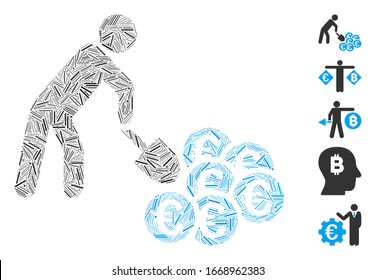 Line Mosaic based on person mining Euro icon. Mosaic vector person mining Euro is created with scattered dash dots. Bonus icons are added.