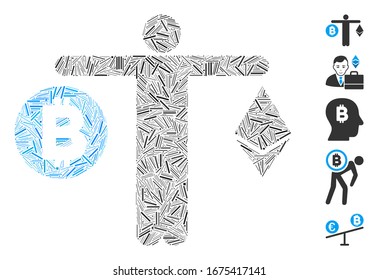 Line Mosaic based on person compare cryptocurrency icon. Mosaic vector person compare cryptocurrency is composed with random line items. Bonus icons are added.