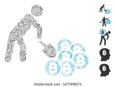 Line Mosaic based on person mining Bitcoins icon. Mosaic vector person mining Bitcoins is created with random line elements. Bonus icons are added.
