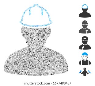 Line Mosaic based on person in hardhat icon. Mosaic vector person in hardhat is designed with scattered line items. Bonus icons are added.