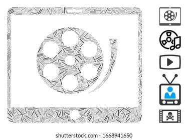 Line Mosaik auf der Grundlage von Video-Rollen Symbol. Mosaik Vektorillustration Telefon-Video-Rollen wird mit verstreuten Linien Elemente erstellt. Bonussymbole werden hinzugefügt.