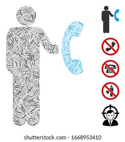 Line Mosaic basierend auf dem Telefon-Marketing-Symbol. Mosaik Vektorillustration Telefon-Marketing ist mit zufälligen Luke Punkte gebildet. Bonussymbole werden hinzugefügt.