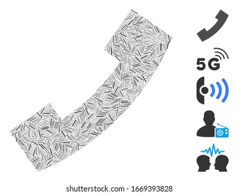 Mosaico de línea basado en el icono del teléfono. El teléfono vector mosaico se crea con puntos de línea aleatorios. Se agregan iconos de bonificación.
