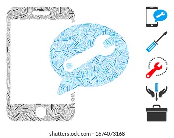 Line Mosaic based on phone service SMS icon. Mosaic vector phone service SMS is formed with random line elements. Bonus icons are added.