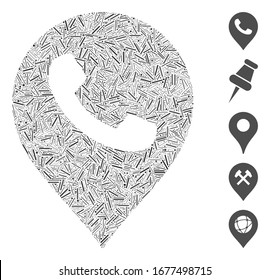 Line Mosaic based on phone receiver marker icon. Mosaic vector phone receiver marker is formed with randomized line spots. Bonus icons are added.