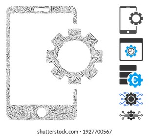 Mosaico de línea basado en el icono del equipo de configuración del teléfono. El equipo de configuración del teléfono vector mosaico se compone de elementos de línea dispersos. Se agregan iconos de bonificación.