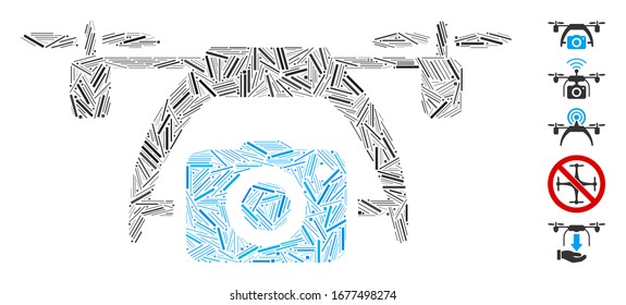 Linie Mosaik basierend auf Foto-Drohne Symbol. Die Mosaikfoto-Vektorillustration besteht aus verstreuten Zeilenpunkten. Bonussymbole werden hinzugefügt.