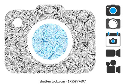 Line Mosaic based on photo camera icon. Mosaic vector photo camera is formed with randomized line items. Bonus icons are added.
