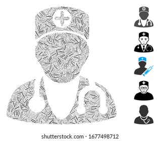 Line Mosaic based on physician icon. Mosaic vector physician is designed with random line spots. Bonus icons are added.