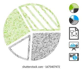 Line Mosaic based on pie chart icon. Mosaic vector pie chart is formed with random line elements. Bonus icons are added.