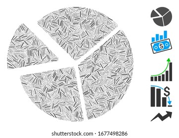 Line Mosaic based on pie chart icon. Mosaic vector pie chart is created with random line spots. Bonus icons are added.