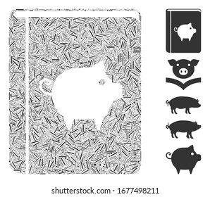 Line Mosaik auf der Grundlage von Schweinehandbuch Symbol. Das Mosaik Vektorillustration Schweinehandbuch wird mit verstreuten Strichpunkten erstellt. Bonussymbole werden hinzugefügt.