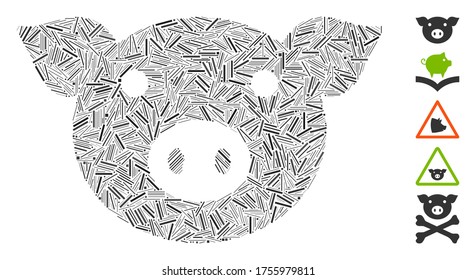 Line Mosaic based on pig head icon. Mosaic vector pig head is created with randomized line items. Bonus icons are added.