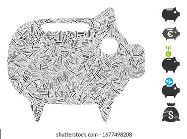Line Mosaic based on piggy bank icon. Mosaic vector piggy bank is created with randomized line items. Bonus icons are added.