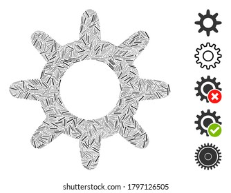 Line Mosaic based on pinion icon. Mosaic vector pinion is composed with scattered line spots. Bonus icons are added.