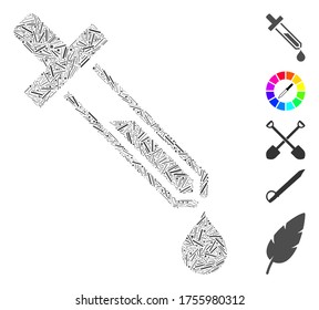 Line Mosaic based on pipette icon. Mosaic vector pipette is created with random line items. Bonus icons are added.