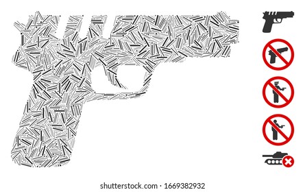 Line Mosaic basierend auf Pistolenpistole Symbol. Die Pistolenkarte der Vektorillustration besteht aus Zufallslinien. Bonussymbole werden hinzugefügt.