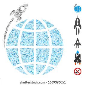 Line Mosaic based on planet satellite launch icon. Mosaic vector planet satellite launch is composed with random line dots. Bonus icons are added.