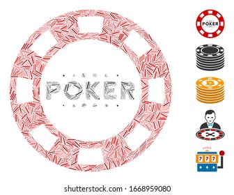 Mosaico de línea basado en el ícono del chip del casino de poker. El chip de casino de póquer vector mosaico se forma con puntos de línea aleatorizados. Se agregan iconos de bonificación.