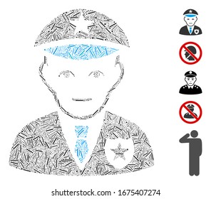 Line Mosaic based on policeman icon. Mosaic vector policeman is created with scattered line dots. Bonus icons are added.