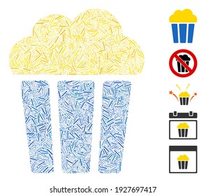 Line Mosaic based on popcorn bucket icon. Mosaic vector popcorn bucket is created with random line items. Bonus icons are added.