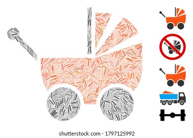 Line Mosaic based on pram icon. Mosaic vector pram is created with scattered line spots. Bonus icons are added.